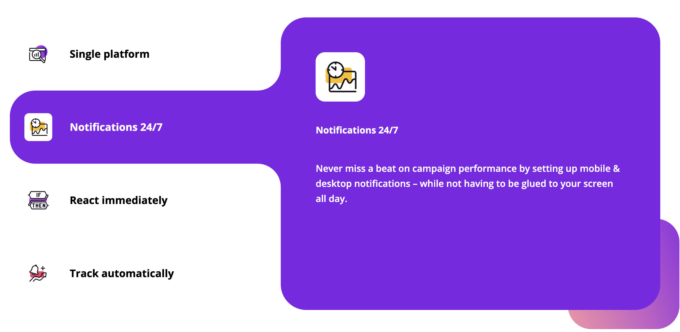 Automation features interface showing single platform, notifications, and tracking capabilities
