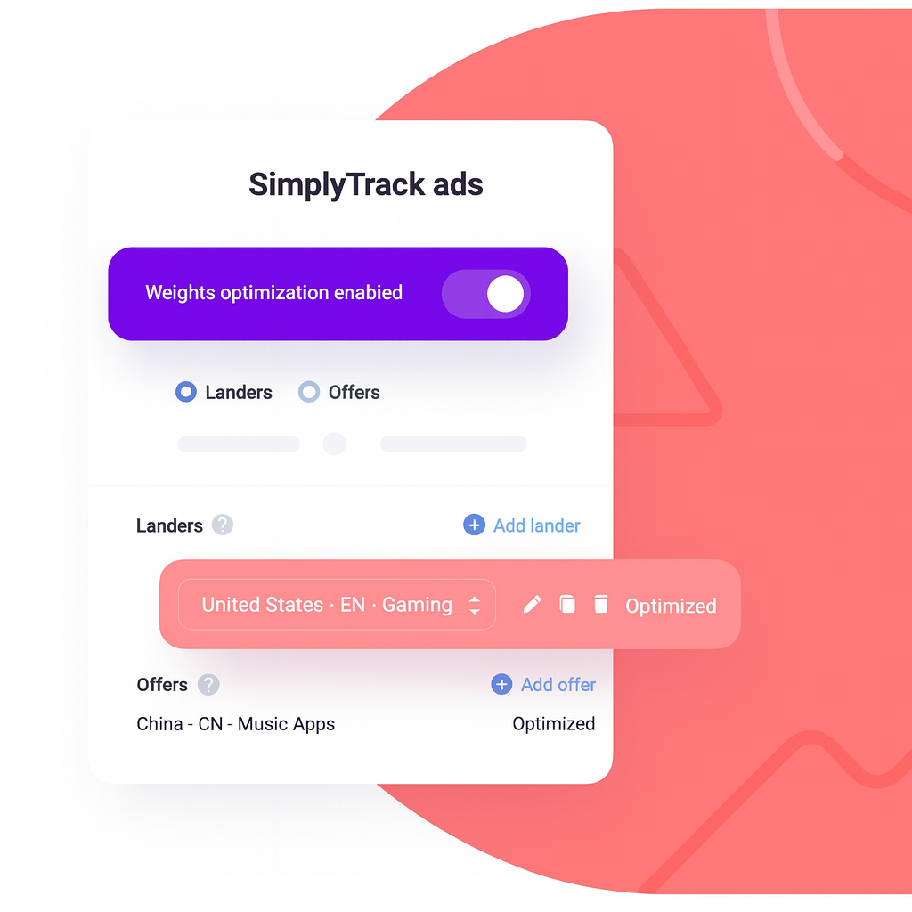 SimplyTrack ads interface showing weights optimization toggle, landers and offers sections with geographic targeting options like United States Gaming and China Music Apps marked as Optimized